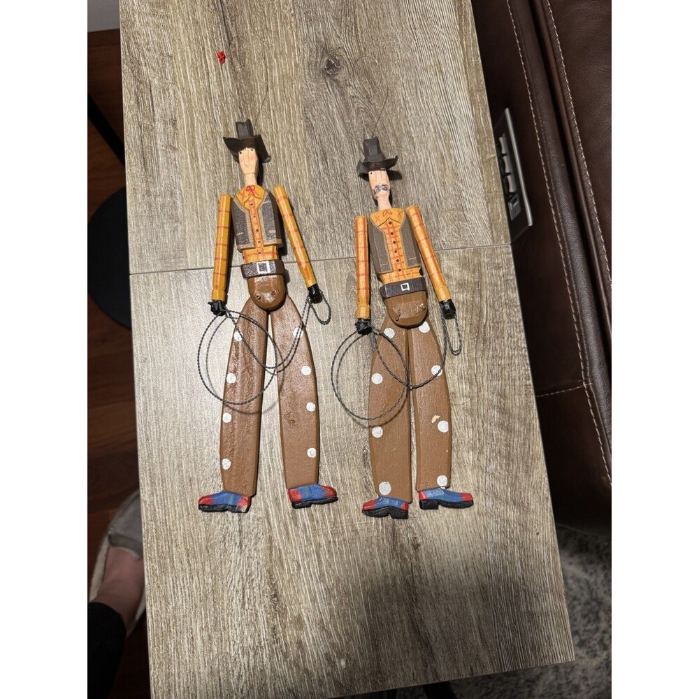 Vintage Dept 56 Carved Articulated Wooden Cowboy Gaucho & Tall Slim- Set Of 2